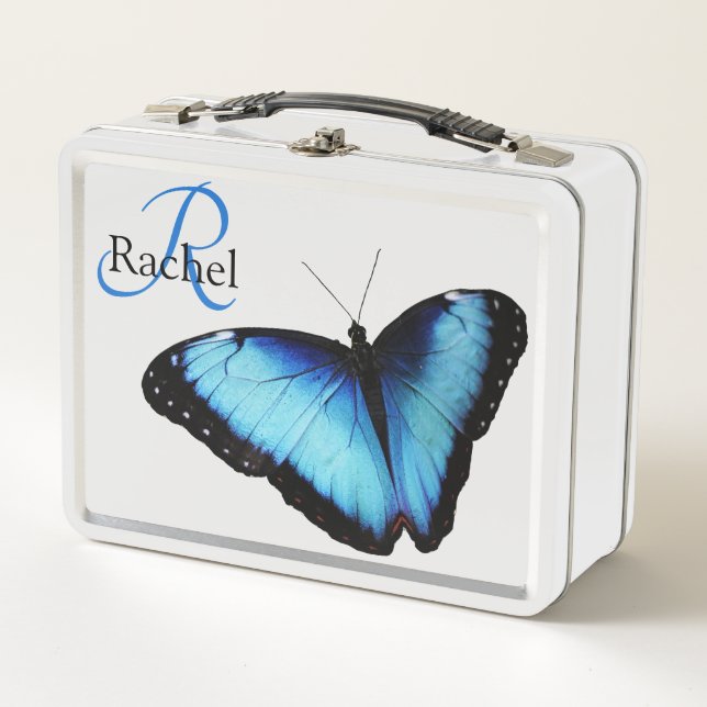 Blue Butterfly Monogram Metal Lunch Box (Front)