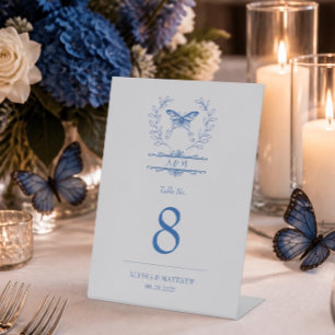 Blue Butterfly Monogram Wedding Table Number Pedestal Sign