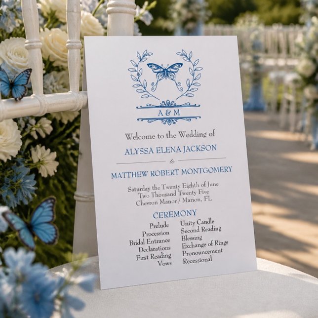 Blue Butterfly Monogrammed Wedding Program (Creator Uploaded)