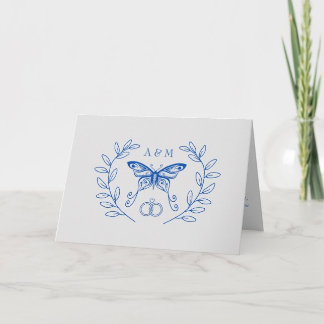 Blue Butterfly Monogrammed Wedding Thank You Card (Front)