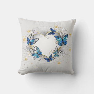 Blue Butterfly Morpho Heart I Elegant Gold Accents Throw Pillow