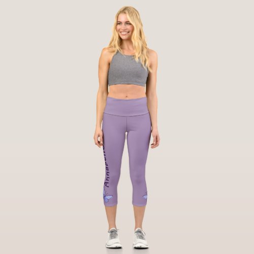 Blue Butterfly _ Name _ Solid Violet  Capri Leggings