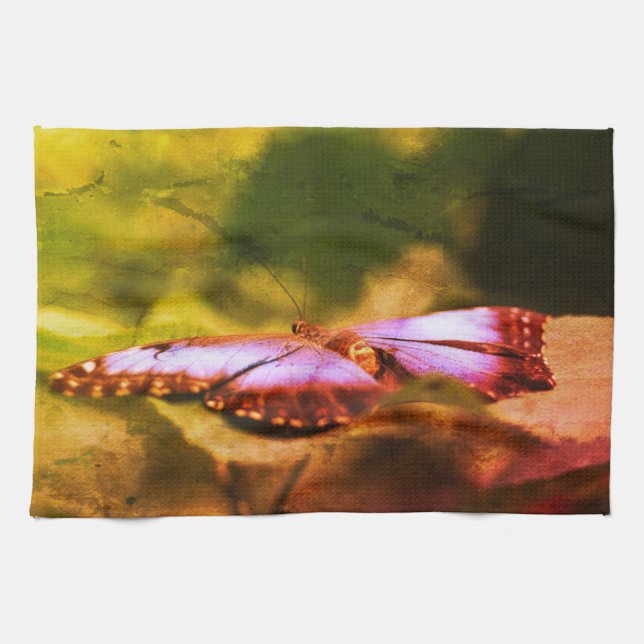 Blue Butterfly Nature Abstract Distressed Kitchen Towel (Horizontal)