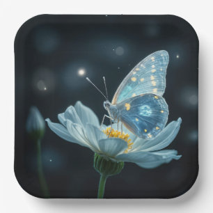 Blue Butterfly On a Moonflower Paper Plates