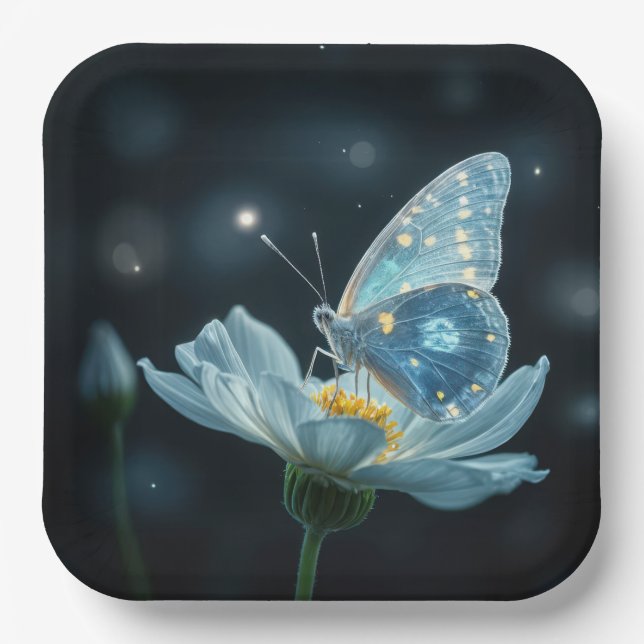Blue Butterfly On a Moonflower Paper Plates (Front)