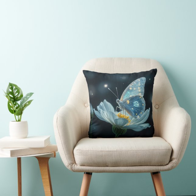 Blue Butterfly On a Moonflower Throw Pillow (Chair)