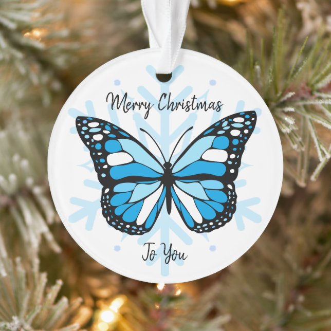 Blue Butterfly on a Snowflake Christmas Ornament (Tree)