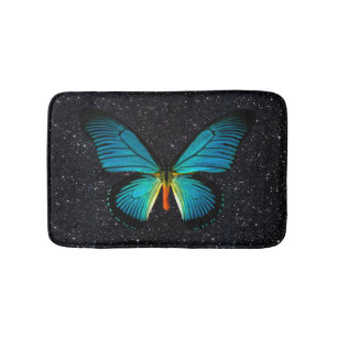 Blue Butterfly On Black Glitter Bath Mat