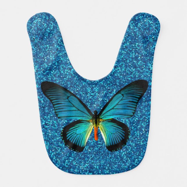 Blue Butterfly On Blue Glitter Baby Bib (Front)