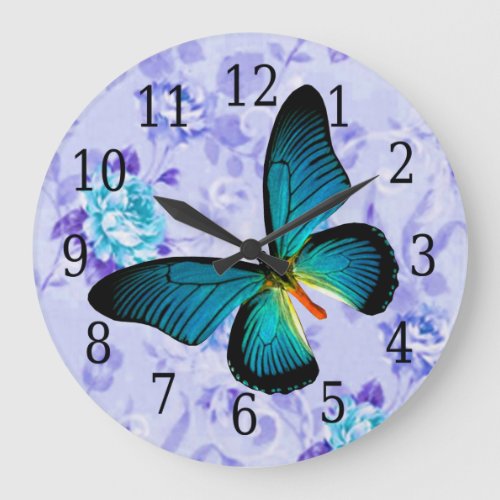 Blue Butterfly On Blue Roses Clock