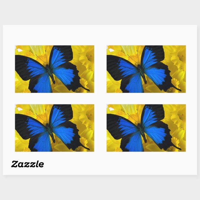 Blue butterfly on daffodils rectangular sticker (Sheet)
