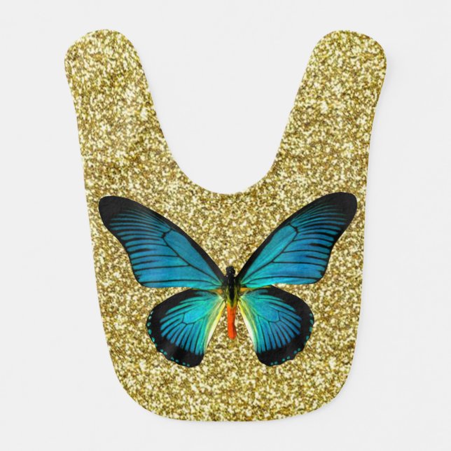 Blue Butterfly On Gold Glitter Baby Bib (Front)