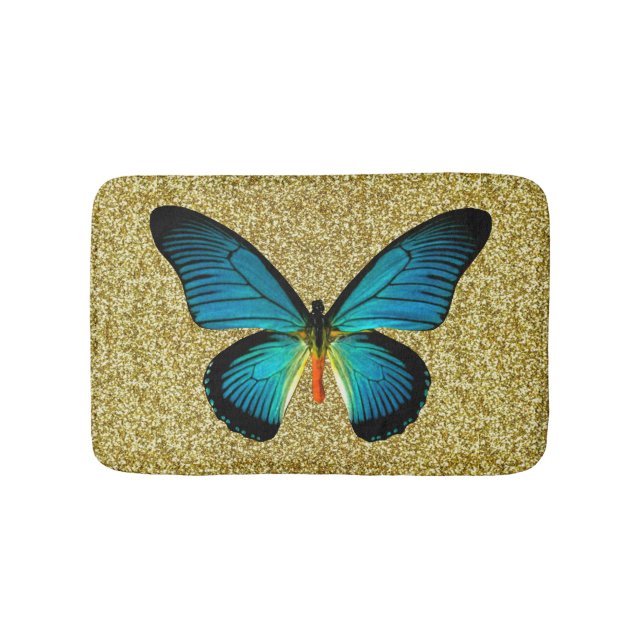 Blue Butterfly On Gold Glitter Bath Mat (Front)