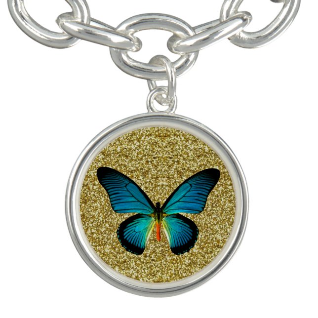 Blue Butterfly On Gold Glitter Charm Bracelet (Design)