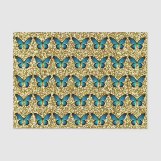 Blue Butterfly On Gold Glitter Tissue Paper (Front)