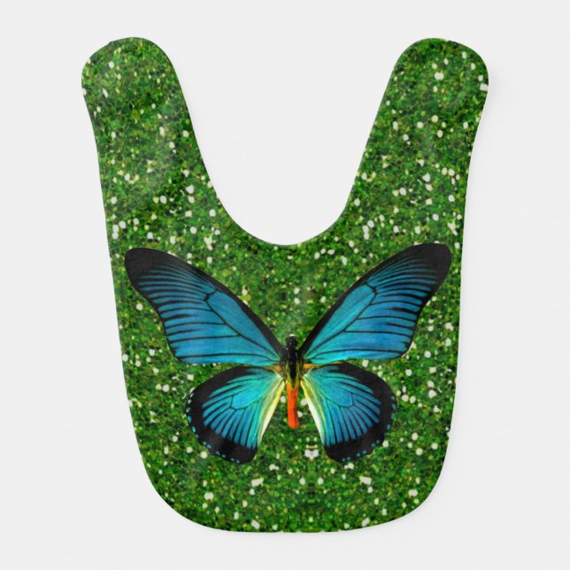 Blue Butterfly On Green Glitter Baby Bib (Front)