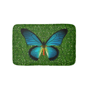 Blue Butterfly On Green Glitter Bath Mat