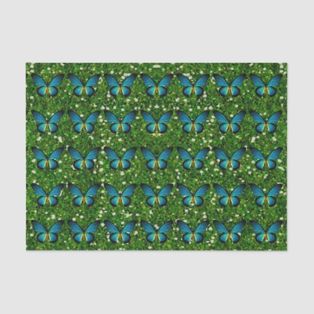 Blue Butterfly On Green Glitter Tissue Paper (Front)
