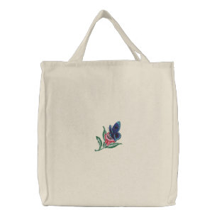 Blue butterfly on Pink Flower Embroidered Bag