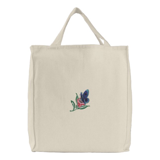 Blue butterfly on Pink Flower Embroidered Bag (Front)
