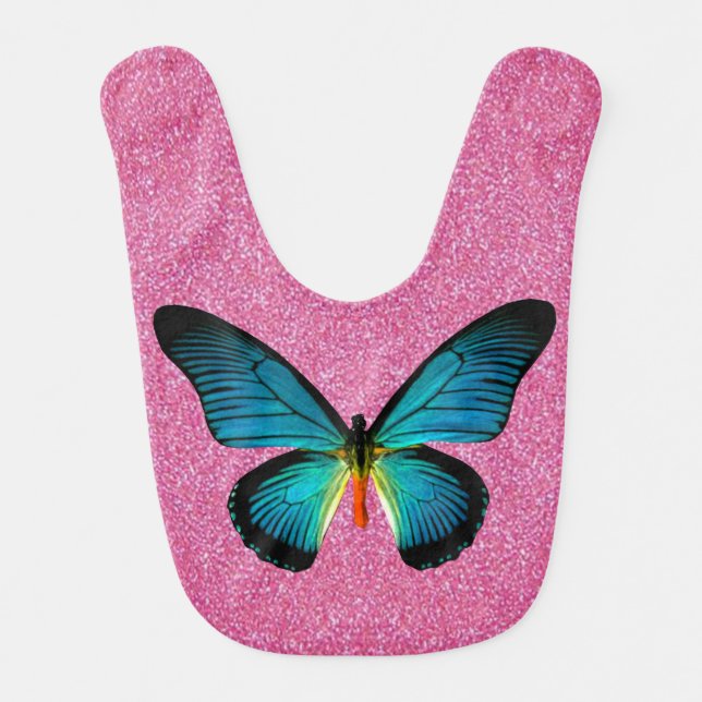 Blue Butterfly On Pink Glitter Baby Bib (Front)
