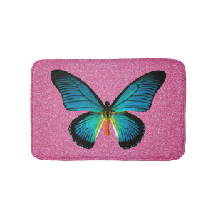Blue Butterfly On Pink Glitter Bath Mat
