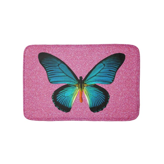 Blue Butterfly On Pink Glitter Bath Mat (Front)