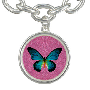 Blue Butterfly On Pink Glitter Charm Bracelet