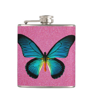 Blue Butterfly On Pink Glitter Flask