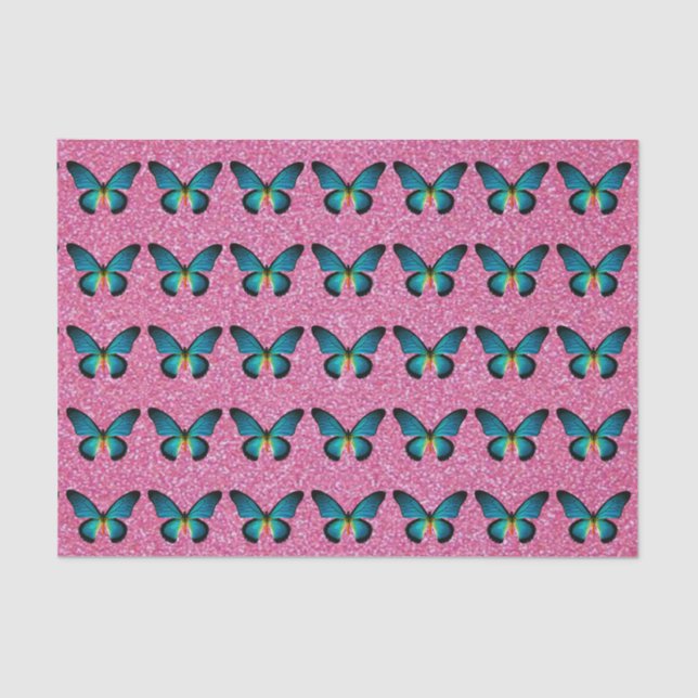 Blue Butterfly On Pink Glitter Tissue Paper (Front)
