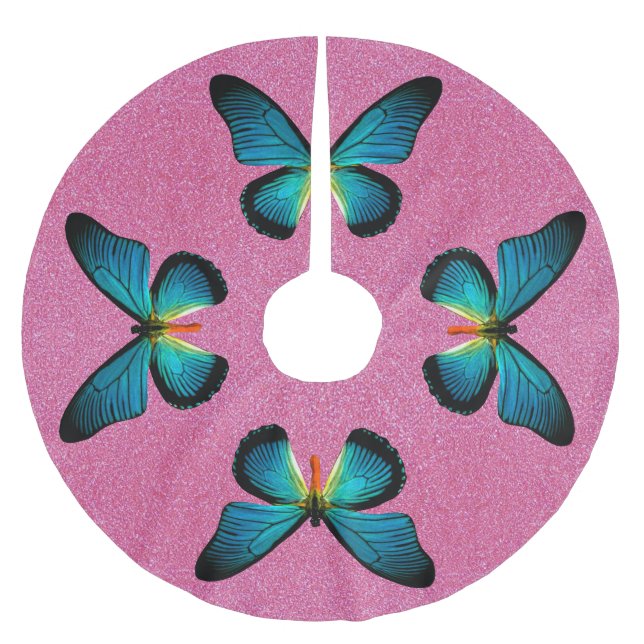 Blue Butterfly On Pink Glitter Tree Skirt (Front)