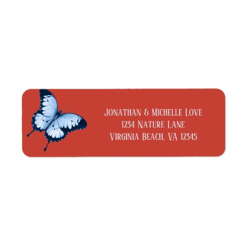 Blue Butterfly on Poinciana Red Background Address Label