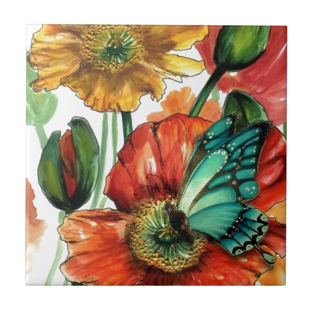 Blue Butterfly on Poppies Ceramic Tile (Front)