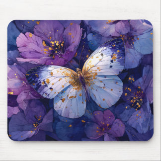 Blue Butterfly on Purple Flowers Mouse Pad