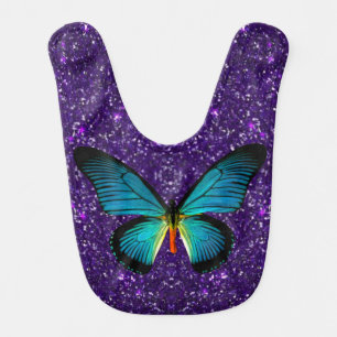 Blue Butterfly On Purple Glitter Baby Bib