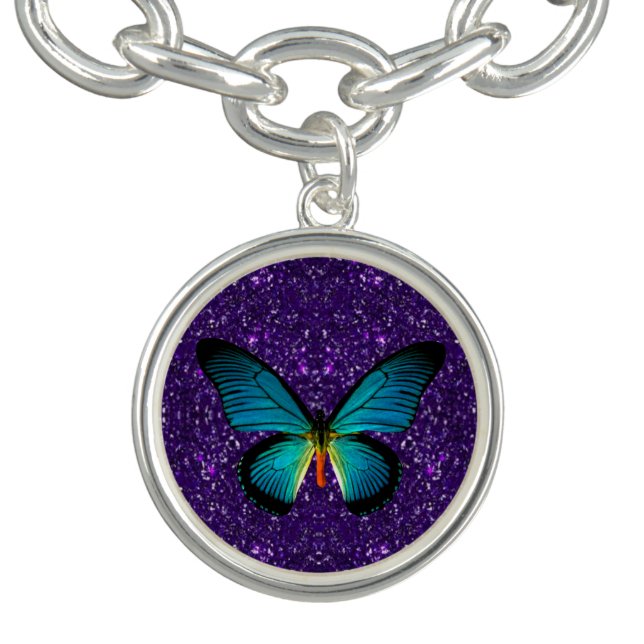 Blue Butterfly On Purple Glitter Charm Bracelet (Design)