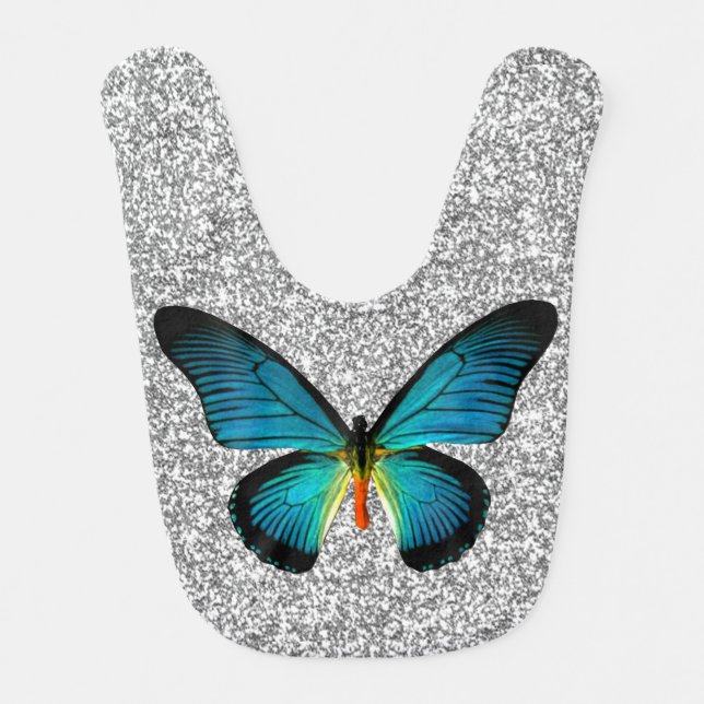 Blue Butterfly On Silver Glitter Baby Bib (Front)