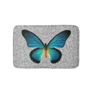 Blue Butterfly On Silver Glitter Bath Mat