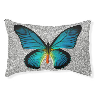 Blue Butterfly On Silver Glitter Dog Bed