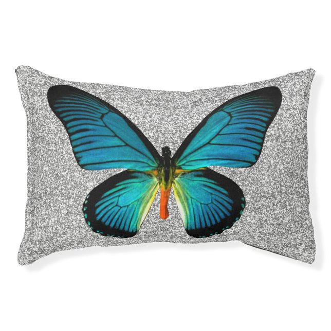 Blue Butterfly On Silver Glitter Dog Bed (Front)