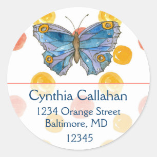 Blue Butterfly Orange Dots Return Address Classic Round Sticker