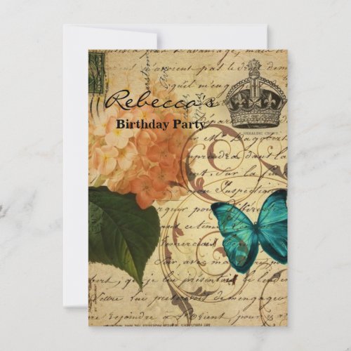 vintage girly Hydrangea butterfly swirls scripts Personalized Announcements