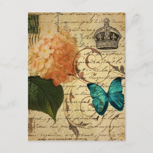 blue butterfly paris scripts french botanical postcard