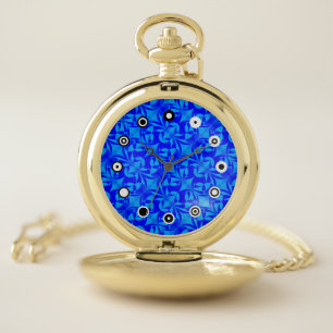 Blue Butterfly Pattern (Binary Face) by K Yoncich Pocket Watch