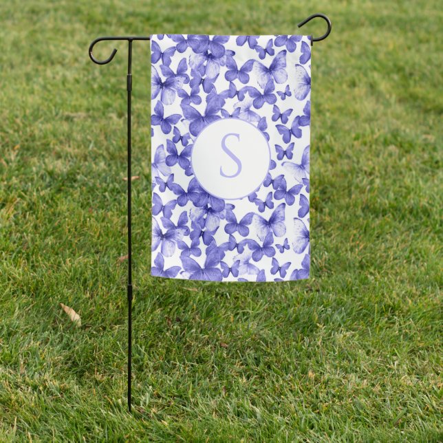 Blue Butterfly Pattern Custom Monogram House Flag (In SItu)
