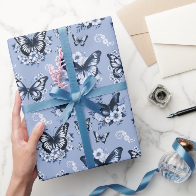 Blue Butterfly Pattern Gift Wrapping Paper (Gifting)