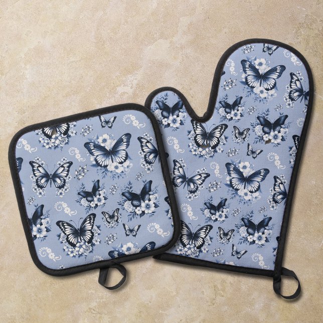 Blue Butterfly Pattern Oven Mitt & Pot Holder Set (Creator Uploaded)