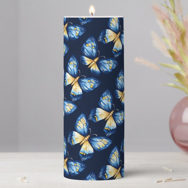 Blue Butterfly Pattern Pillar Candle (In Situ)