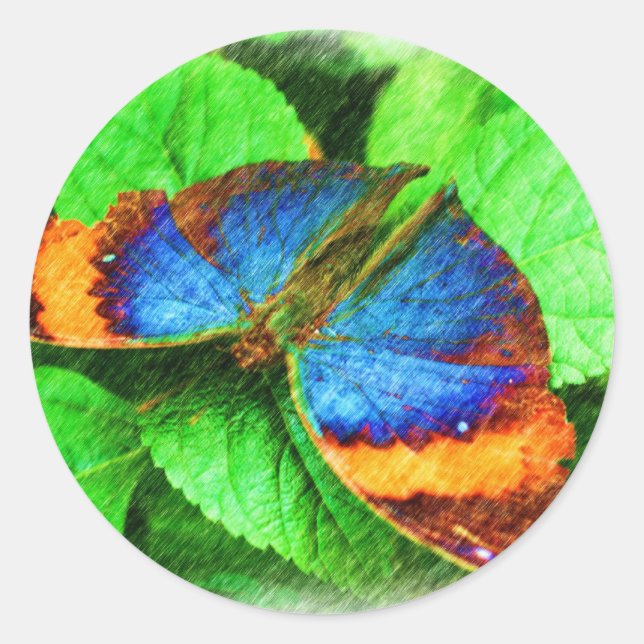 Blue Butterfly Pencil Art  Classic Round Sticker (Front)