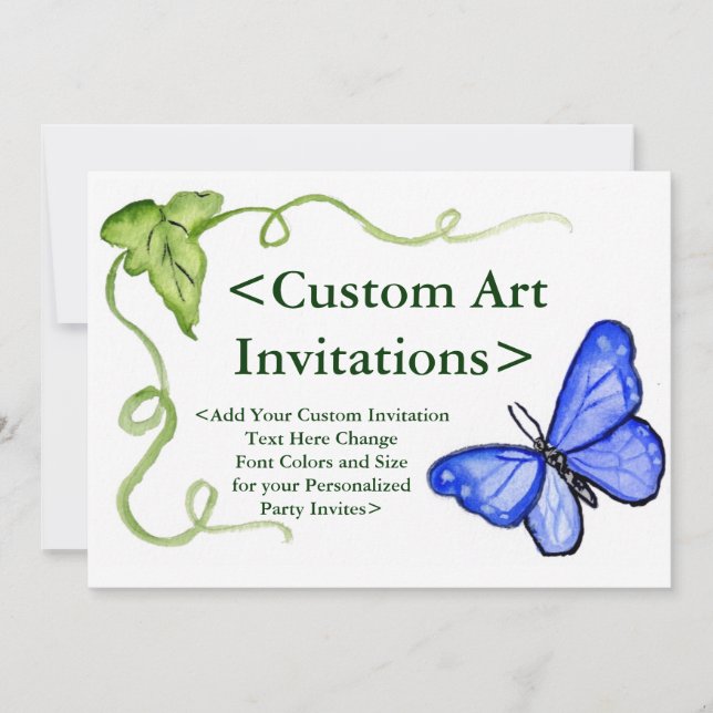 Blue Butterfly Personalized Art Invitations (Front)